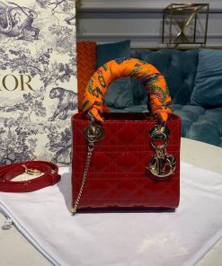 Christian Dior Mini Lady Dior Bag with Chain Gold Toned Hardware Spring/Summer Collection, Red, For Women Women’s Handbags, 18cm CD M0505OCAL