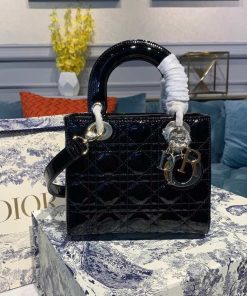 Christian Dior Small Lady Dior Bag Black Patent Cannage For Women 8in/20cm CD M0531OWCB_M900