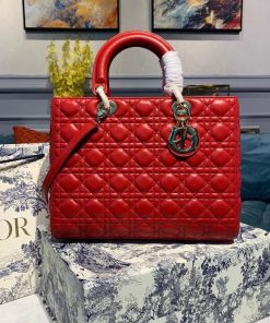 Christian Dior Large Lady Dior Bag Gold Toned Hardware Cherry Red Cannage For Women CD 12.5in/32cm M0566ONGE_M52R