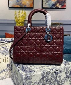 Christian Dior Large Lady Dior Bag Silver Hardware Burgundy Cannage For Women 12.5in/32cm CD