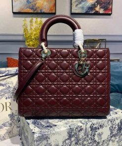 Christian Dior Large Lady Dior Bag Gold Toned Hardware Burgundy Cannage For Women 12.5in/32cm CD