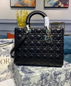 Christian Dior Large Lady Dior Bag Gold Toned Hardware Black Cannage For Women 12.5in/32cm CD