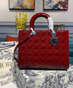 Christian Dior Large Lady Dior Bag Silver Hardware Cherry Red Patent For Women 12.5in/32cm CD
