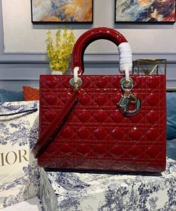 Christian Dior Large Lady Dior Bag Gold Toned Hardware Cherry Red Patent For Women 12.5in/32cm CD