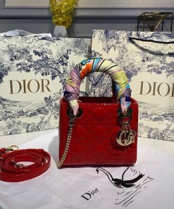 Christian Dior Mini Lady Dior Bag with Chain Silver Hardware Spring/Summer Collection, Red, For Women Women’s Handbags, 18cm CD