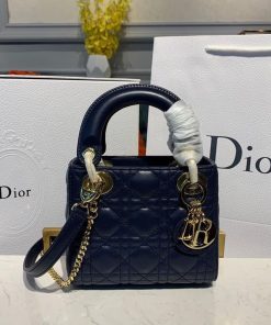Christian Dior Mini Lady Dior Bag with Chain Gold Toned Hardware Navy Blue For Women 6.5in/17cm CD