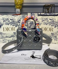 Christian Dior Small Lady Dior Bag Silver Hardware with Embellished Bag Strap Pearl Grey For Women 8in/20cm CD