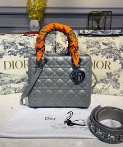 Christian Dior Medium Lady Dior Bag Silver Hardware with Embellished Bag Strap Pearl Grey For Women 9.5in/24cm CD