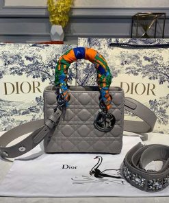 Christian Dior Small Lady Dior Bag Silver Hardware with Embellished Bag Strap Grey For Women 8in/20cm CD