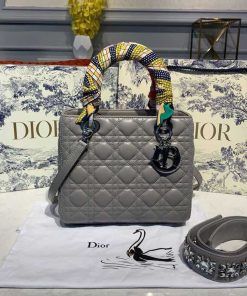 Christian Dior Medium Lady Dior Bag Silver Hardware with Embellished Bag Strap Grey For Women 9.5in/24cm CD