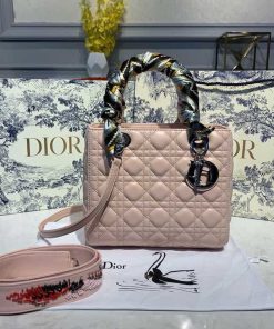Christian Dior Medium Lady Dior Bag Silver Hardware with Embellished Bag Strap Pink For Women 9.5in/24cm CD