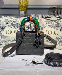 Christian Dior Small Lady Dior Bag Silver Hardware with Embellished Bag Strap Dark Grey For Women 8in/20cm CD