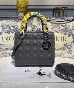 Christian Dior Medium Lady Dior Bag Silver Hardware with Embellished Bag Strap Dark Grey For Women 9.5in/24cm CD