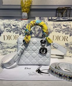 Christian Dior Small Lady Dior Bag Silver Hardware with Embellished Bag Strap White For Women 8in/20cm CD