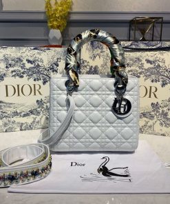 Christian Dior Medium Lady Dior Bag Silver Hardware with Embellished Bag Strap White For Women 9.5in/24cm CD