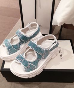 Gucci Open Track Velvet Velcro Sandals Spring/Summer Collection Blue/White