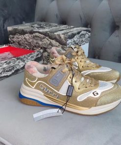 Gucci Ultrapace Sneakers ?592348 Calfskin Leather Spring/Summer 2020 Collection, Glitter Gold/White