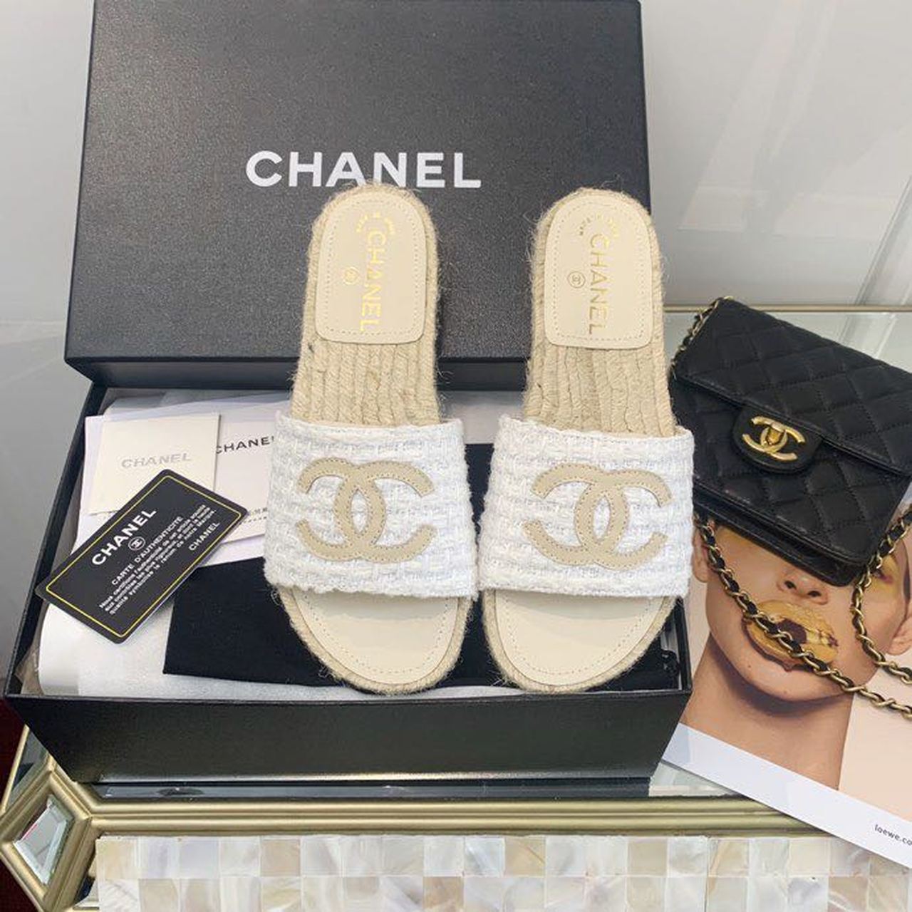 Chanel Chanel Espadrille Sandals Tweed/Calfskin Leather Spring/Summer Collection White/Beige