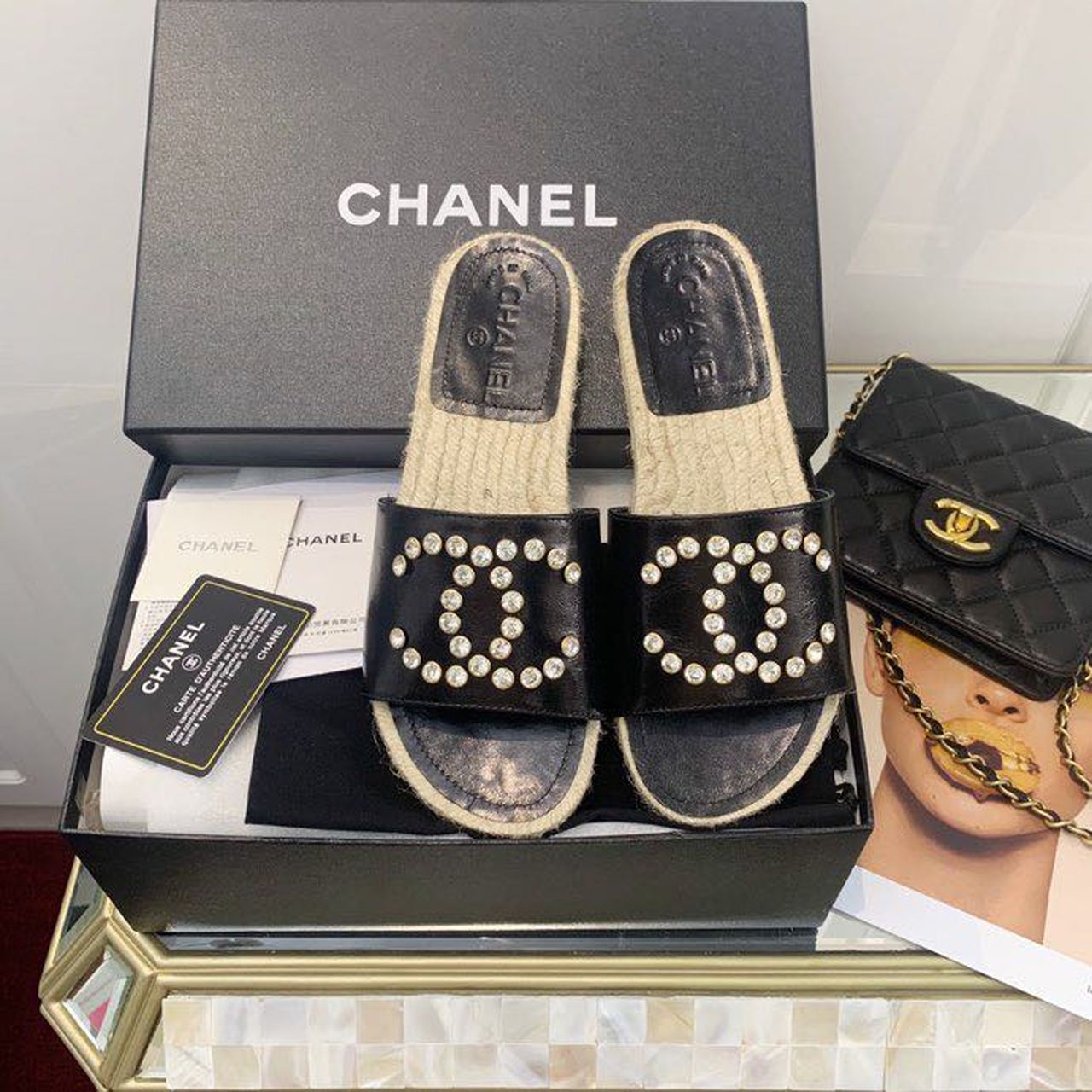 Chanel Crystal Chanel Espadrille Sandals Calfskin Leather Spring/Summer Collection, Black