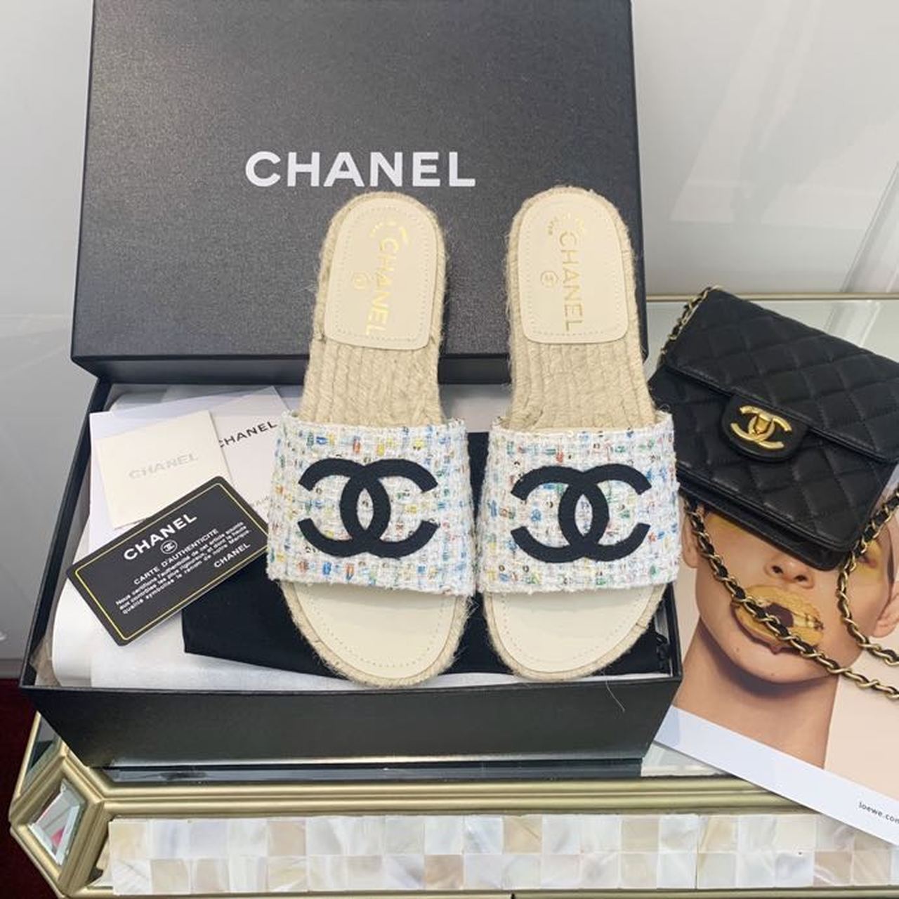 Chanel Chanel Mule Espadrille Sandals Tweed White/Multicolor For Women, Women’s Shoes