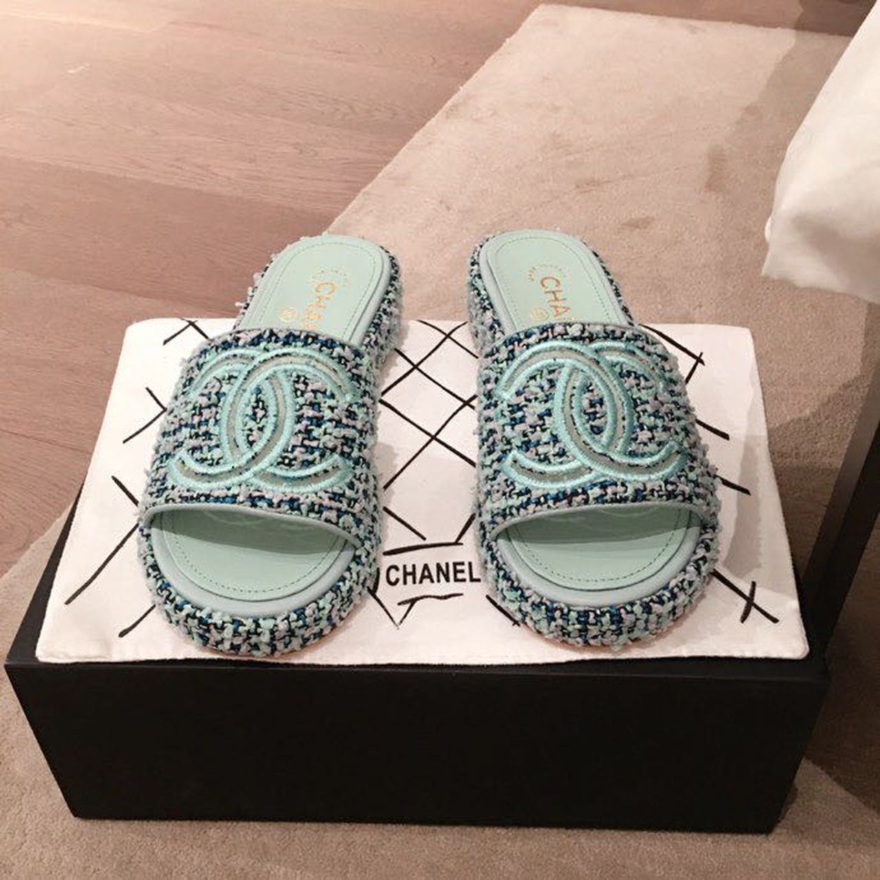 Chanel Chanel Cork Sandals Tweed Mint Green For Women, Women’s Shoes