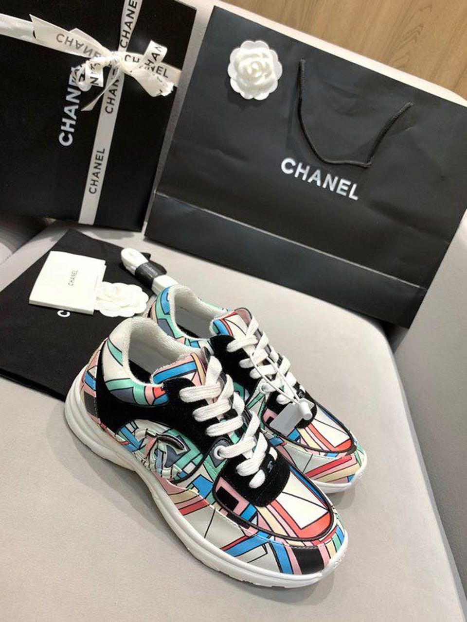Chanel Nylon Trainer Sneakers Lambskin & Suede Leather Spring/Summer 2020 Collection, White/Black/Multicolor