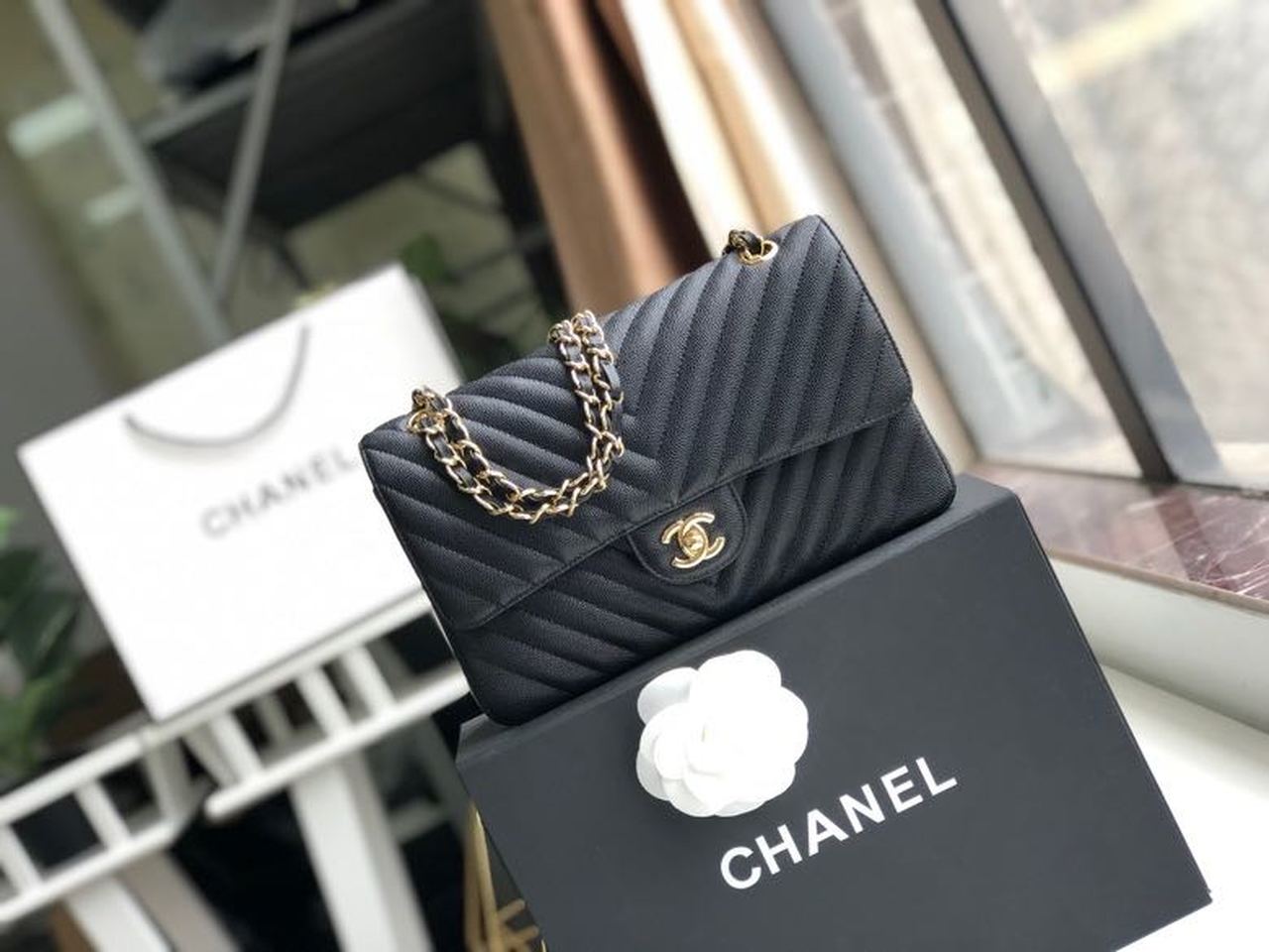Chanel Chevron Classic Handbag Gold Toned Hardware Black For Women, Women’s Bags, Shoulder And Crossbody Bags 10.2in/26cm