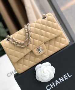 Chanel Classic Handbag Silver Hardware Beige For Women, Women’s Bags, Shoulder And Crossbody Bags 10.2in/26cm A01112