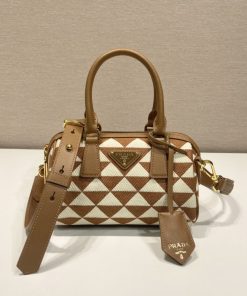 Prada Symbole Embroidered Jacquard Fabric Top-Handle Bag Brown/White For Women, Women’s Bags 7.9in/20cm 1BB846_2FKL_F0I0U_V_XOO