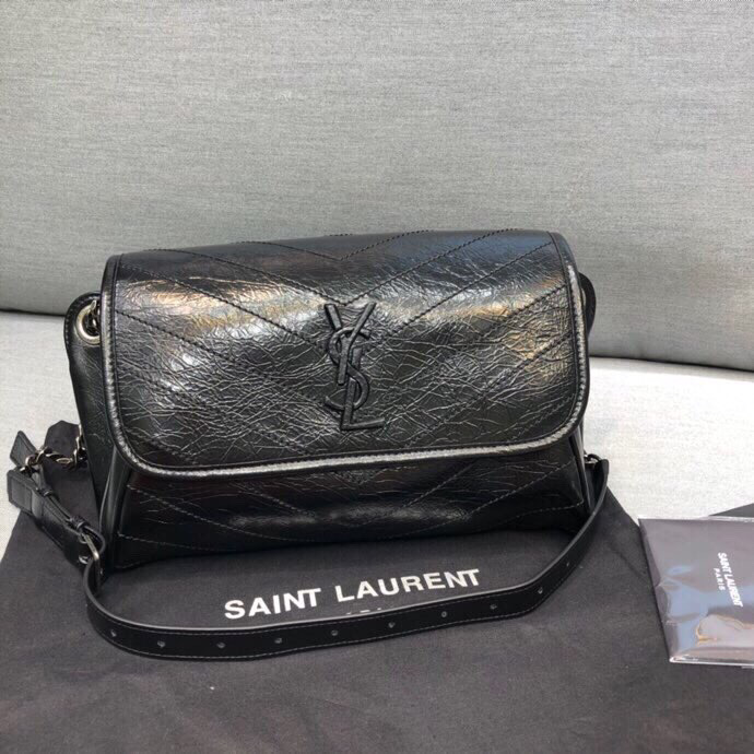 Yves Saint Laurent Niki Medium Crinkled Shoulder Bag Black For Women 11in/28cm YSL