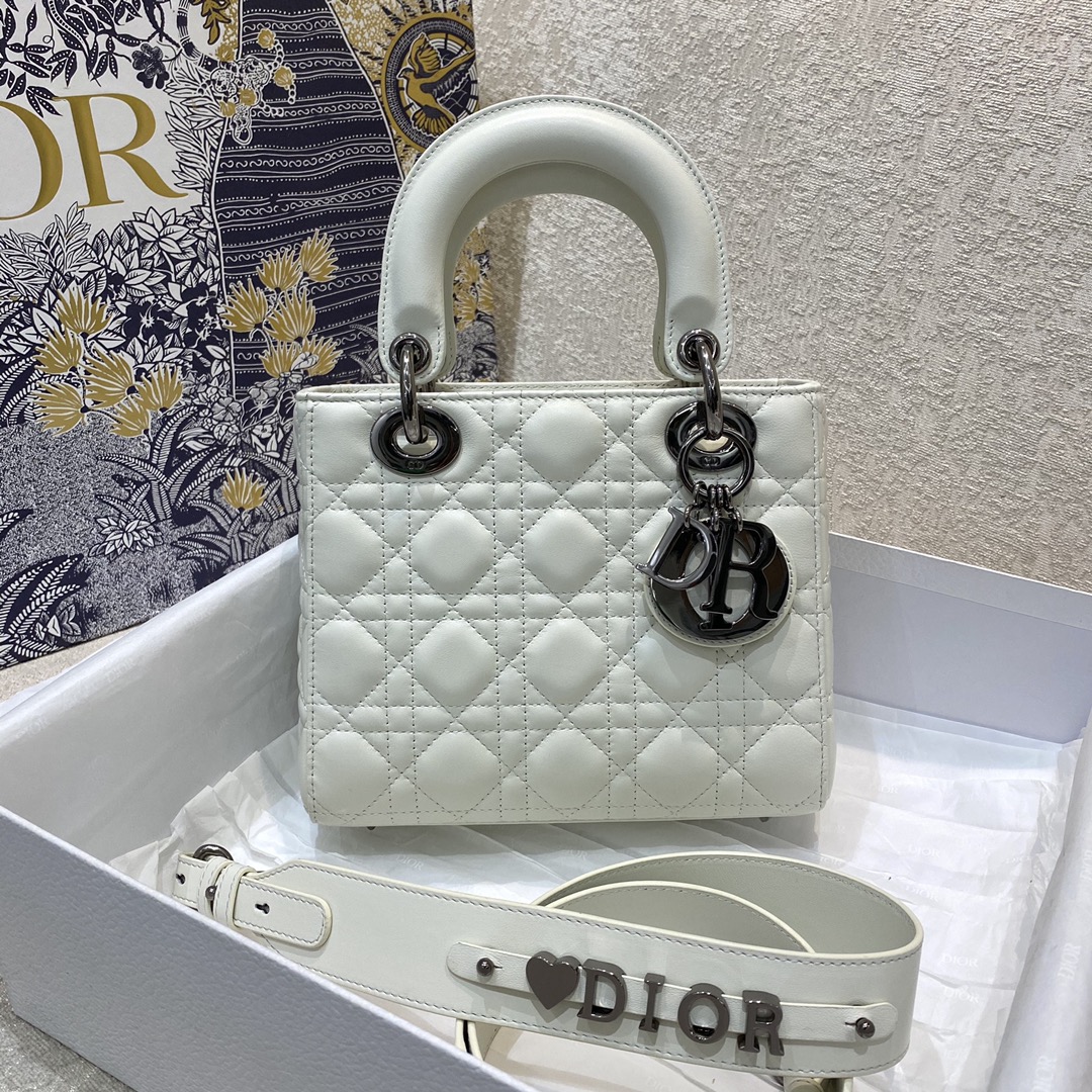 Christian Dior Small Lady Dior Bag Silver Hardware, White, For Women Women’s Handbags, Crossbody Bags, 20cm CD