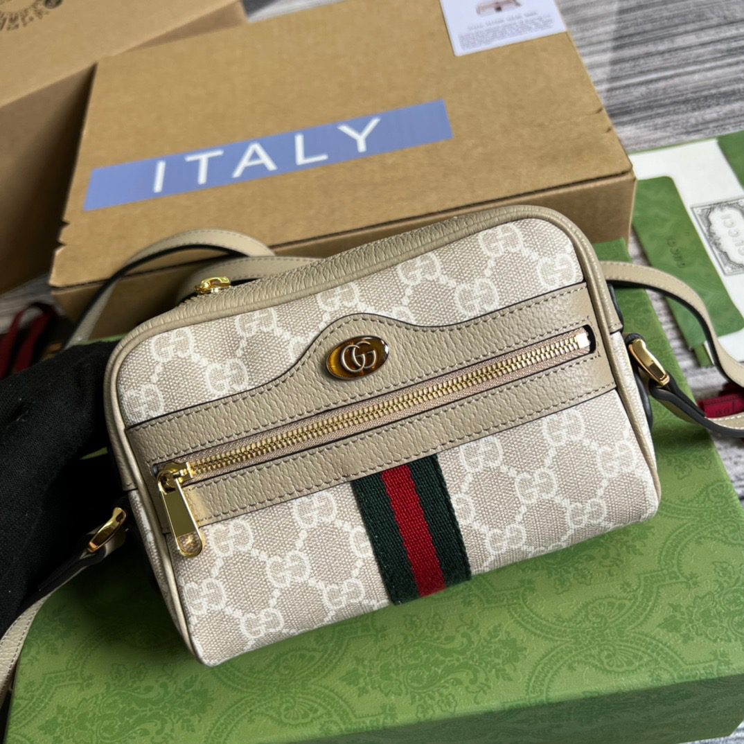 Gucci Ophidia Mini Gucci Bag Beige And Ebony Gucci Supreme Canvas, With Beige For Women  7in/17.5cm GG 