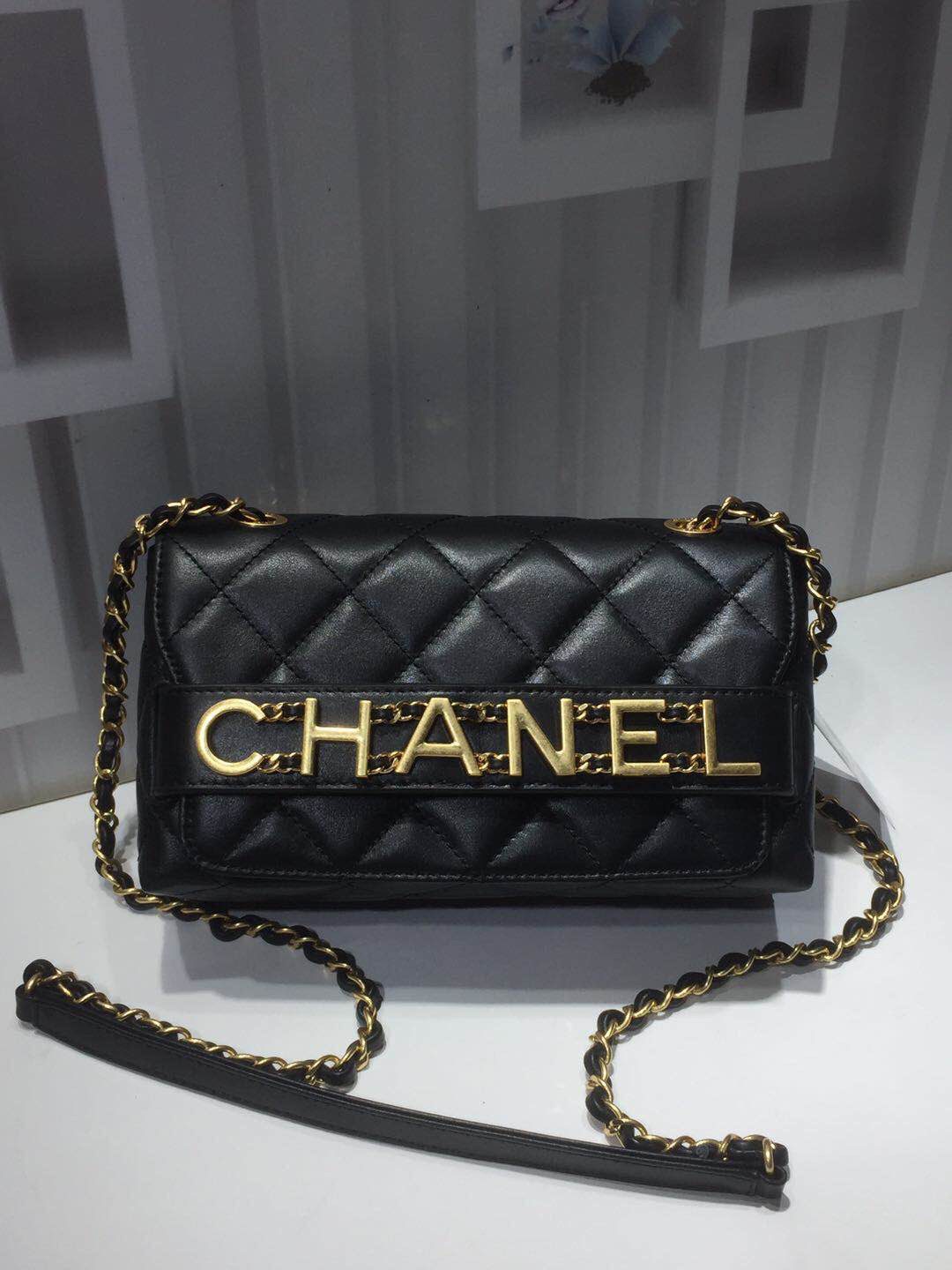Chanel Front Logo Small Flap Bag Gold Hardware Black For Women, Women’s Handbags, Shoulder Bags 8.2in/21cmAS1490