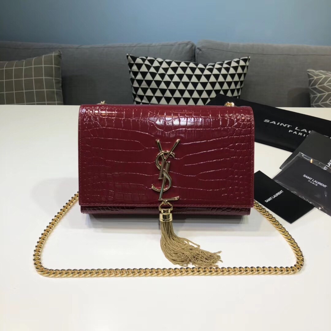 Yves Saint Laurent Kate Small Chain Bag With Tassel In Embossed Burgundy For Women 7.8in/20cm YSL 