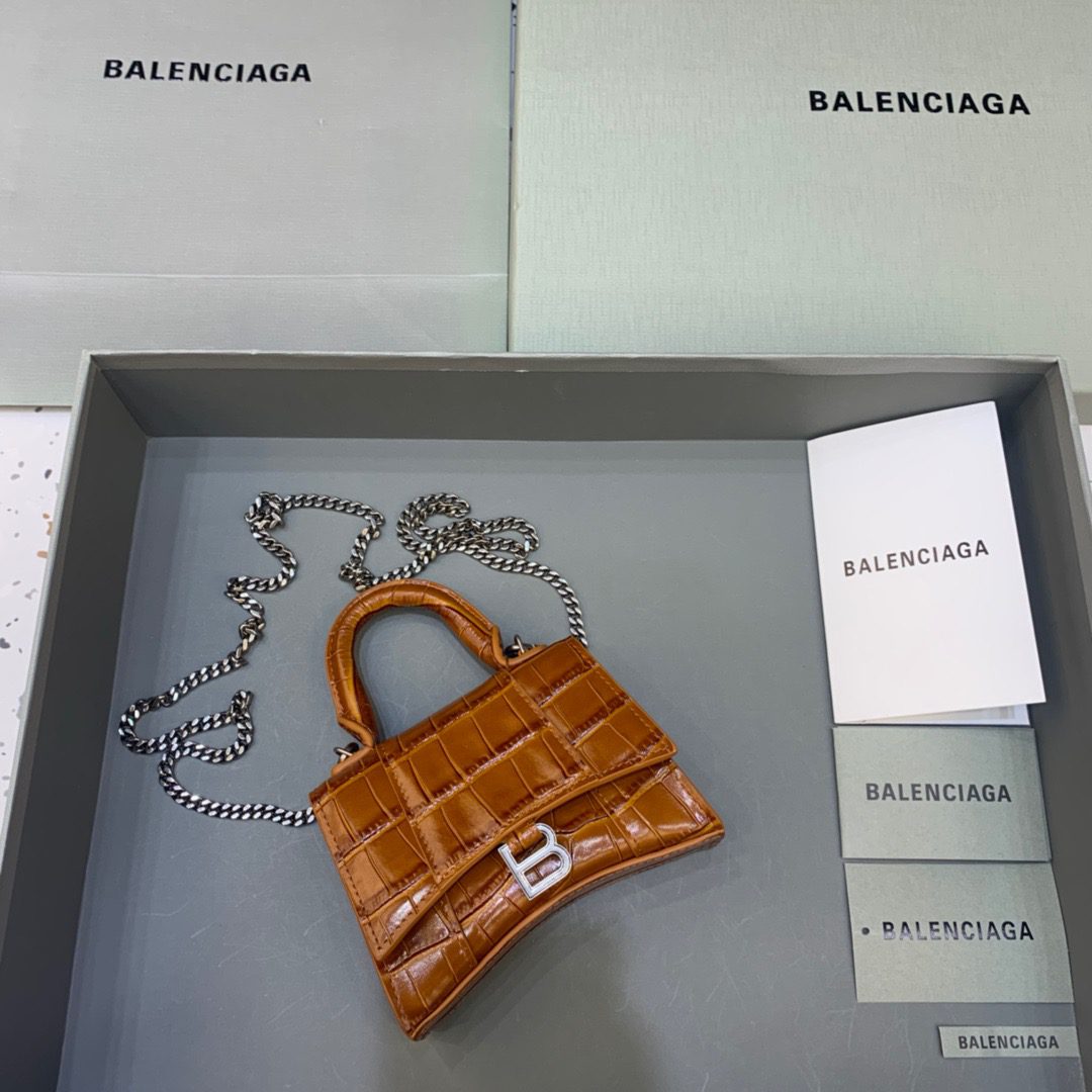 BALENCIAGA Hourglass Mini Handbag With Chain In Brown, For Women, Women’s Bags 4.7in/12cm
