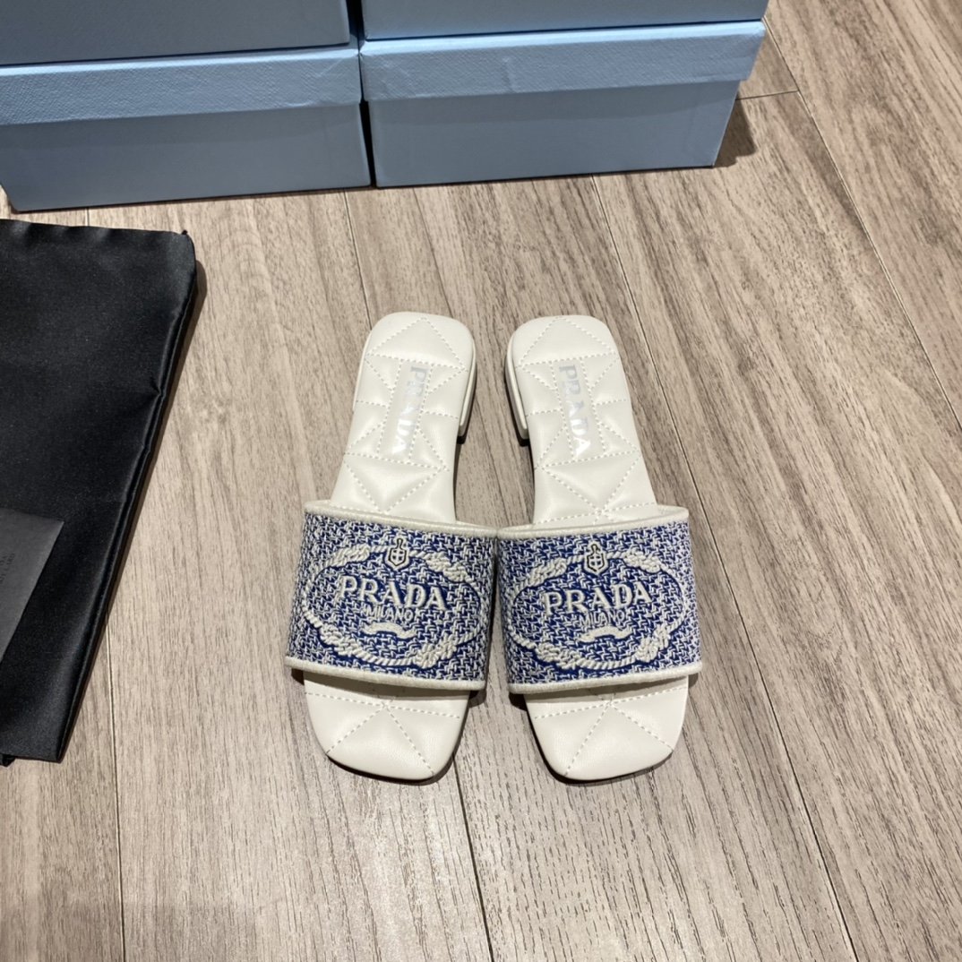 Prada Embroidered Fabric Slides Blue For Women 0.4in/10mm Prada