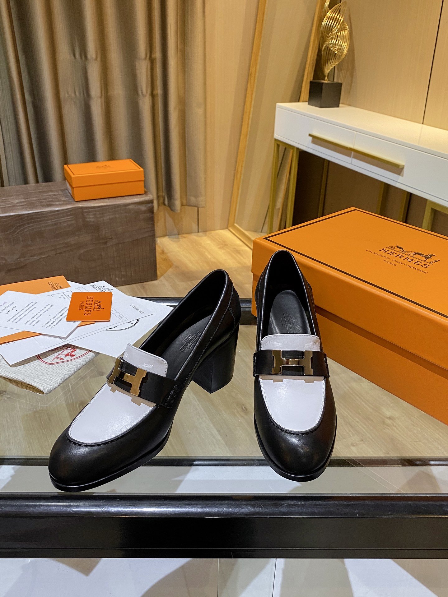 Hermes Dauphine 70 Loafer Black/White For Women, Women’s Shoes H212092Z