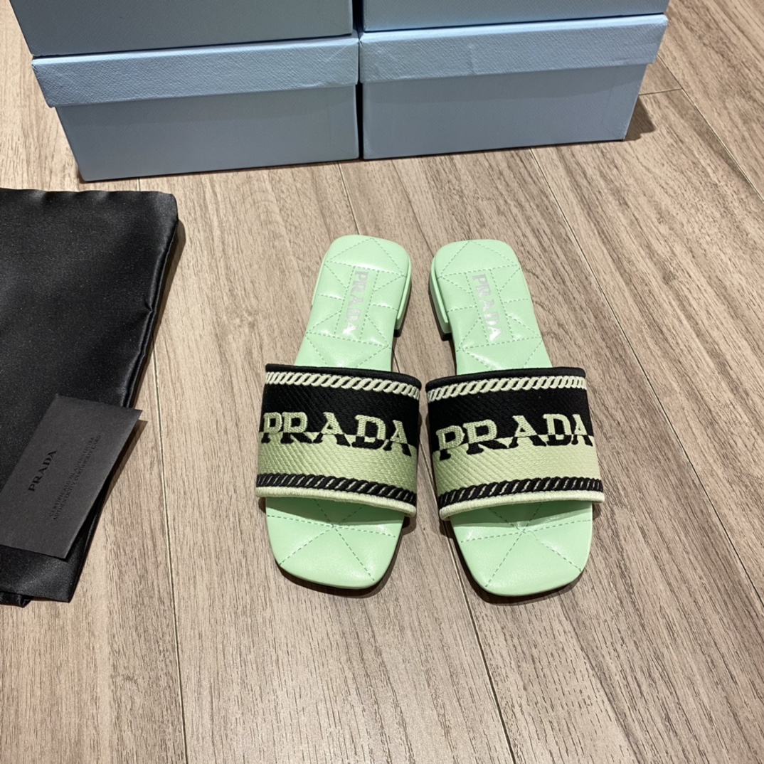 Prada Embroidered Fabric Slides Black/Green For Women 0.4in/10mm Prada