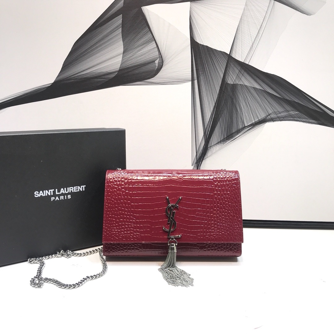 Yves Saint Laurent Kate Medium Chain Bag With Tassel In Embossed Crocodile Burgundy For Women 9.4in/24cm YSL