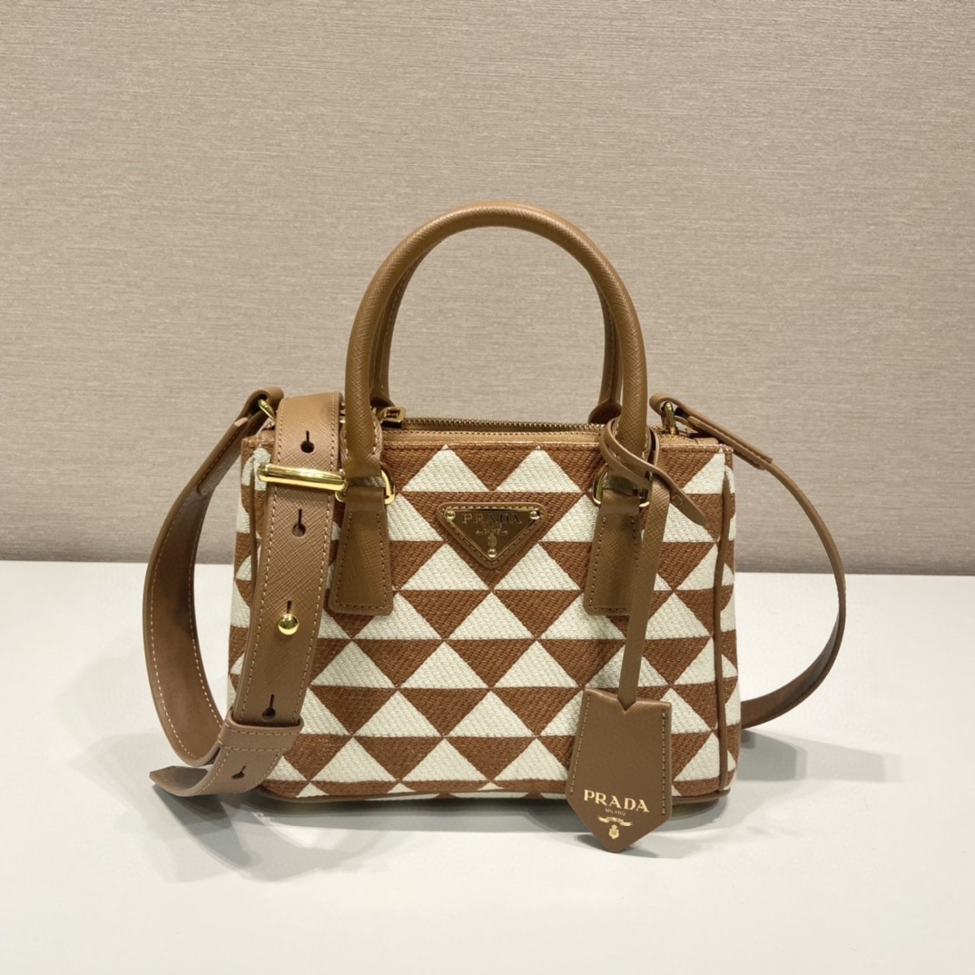 Prada Galleria Embroidered Jacquard Fabric Micro-Bag Brown/White For Women, Women’s Bags 7.9in/20cm 1BA906_2FKL_F0I0U_V_XOM