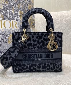 Christian Dior Medium Dior Lady D-Lite Bag Blue and Black Mizza Embroidery, Blue and Black, For Women Women’s Handbags, Crossbody Bags, 24cm CD M0565ORHM_M962