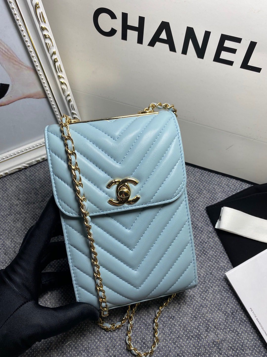Chanel Chevron Trendy Chanel Phone Light Blue Bag For Women 18cm/7in