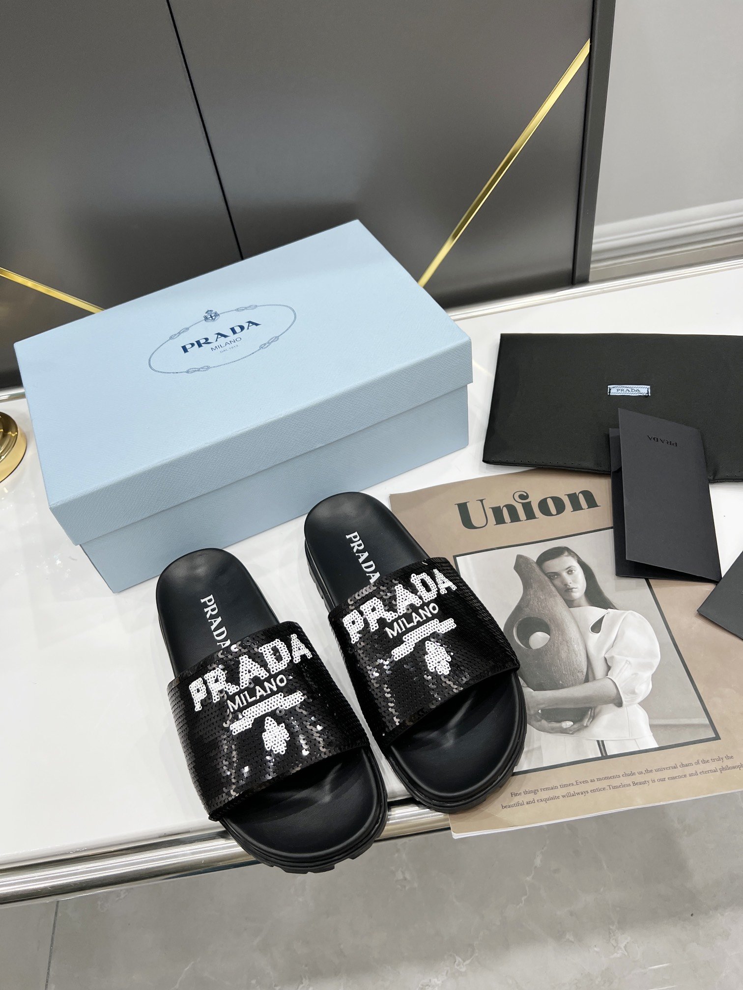 Prada Logo Detailed Sequin Slides Black For Women 1.4in/35mm Prada 1XX603F020959