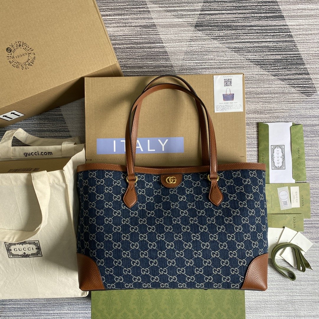 Gucci Ophidia Gucci Medium Tote Dark Blue And Ivory Eco Washed Organic Gucci Jacquard Denim For Women 15in/38cm Gucci ‎631685 2KQGucci 8375