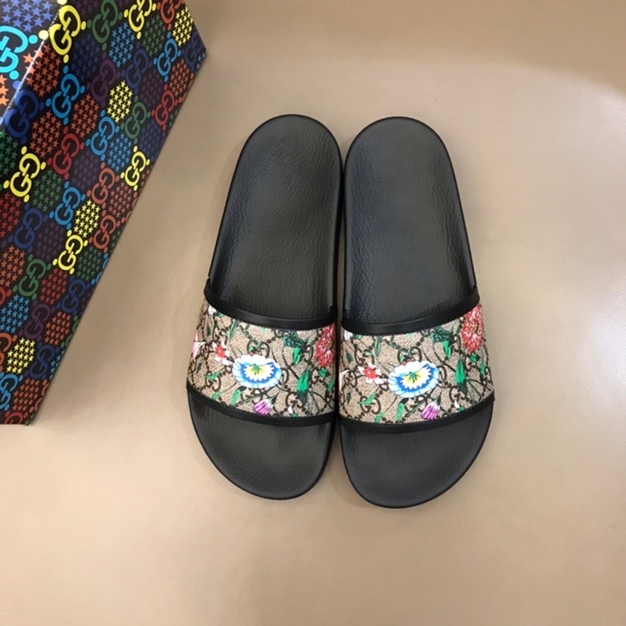 Gucci Floral Slide Sandals By Supreme Canvas Black For Women GG