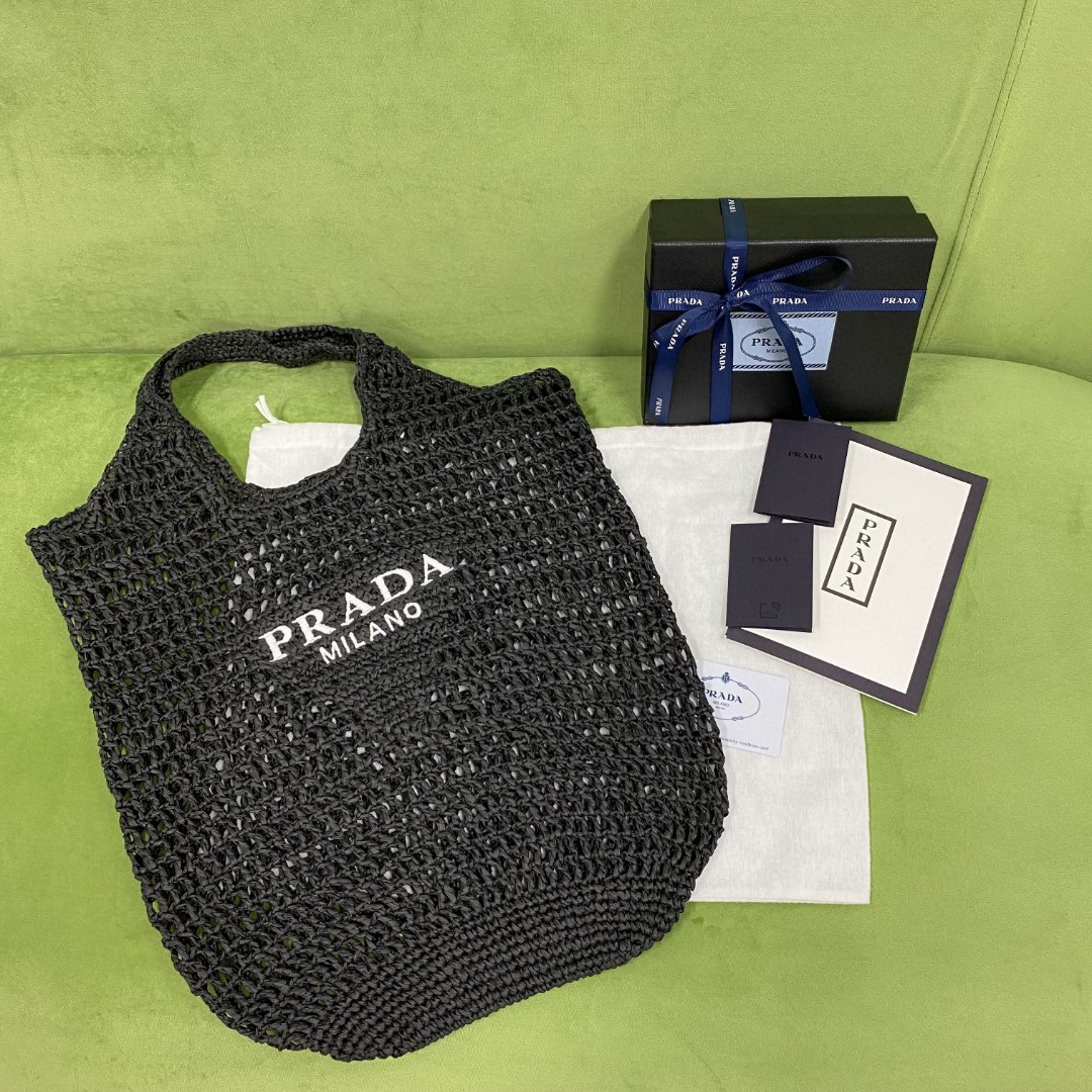 Prada Raffia Tote Bag Black For Women, Women’s Bags 20in/51cm 1BG424_2A2T_F0002_V_OOO