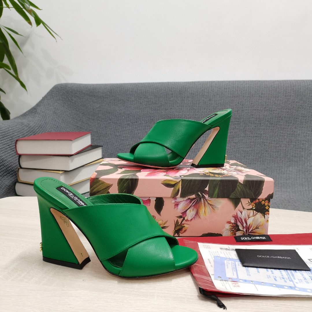 Dolce & Gabbana Satin Mules With Geometric Heel Green For Women DG Shoes