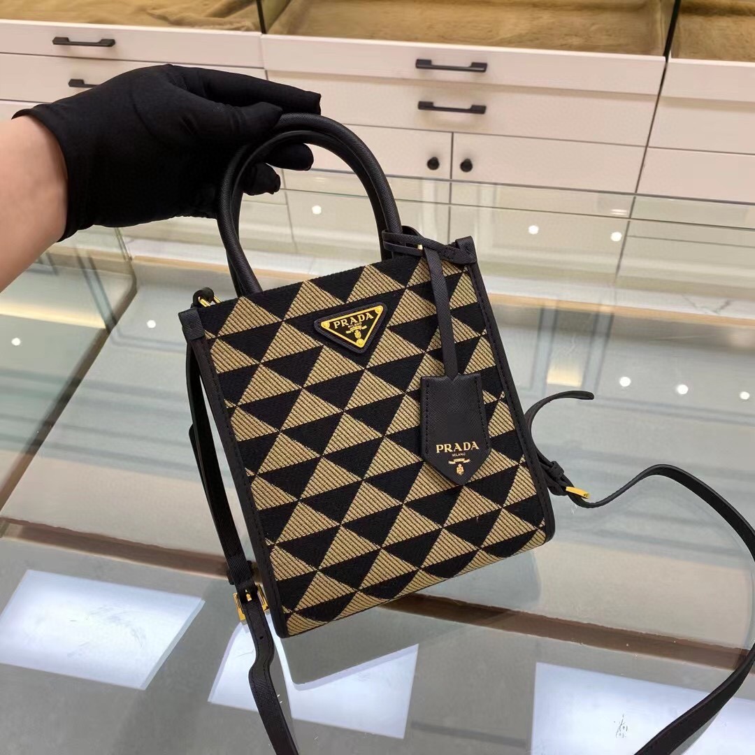 Prada Symbole Jacquard Fabric Micro Bag Black/Beige For Women, Women’s Bags 7.5in/19cm 1BA355_2FKL_F0Y30_V_OOO