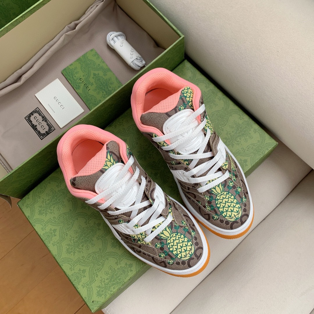 Gucci Men’s Basket Sneaker Print Pineapple Brown Pink For Men ‎661301