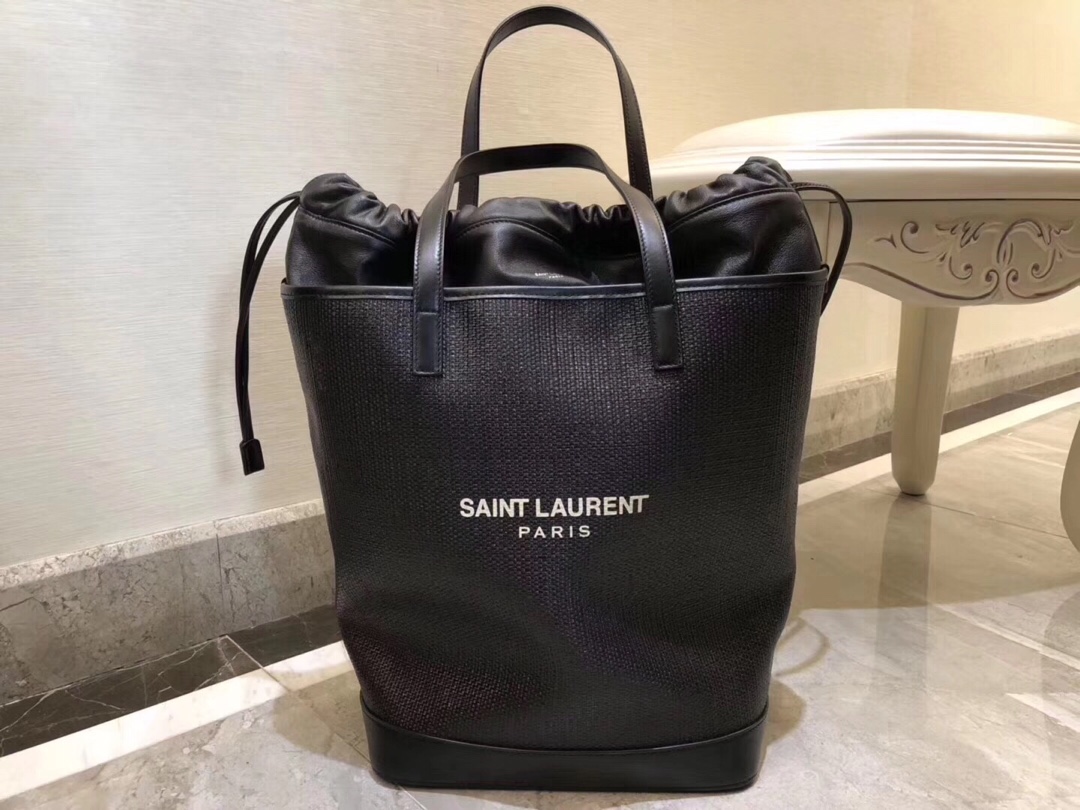 Yves Saint Laurent Teddy Medium Canvas Handle Bucket Tote Bag Black For Women 13in/33cm YSL 551595 96W1E 1000